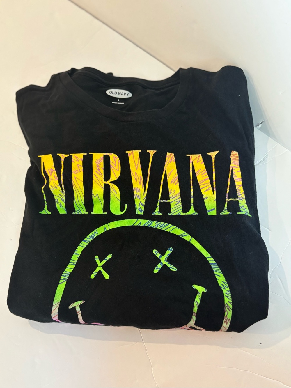 Old Navy Black Nirvana Long Sleeve Tee with Neon Yellow and Neon Green Print